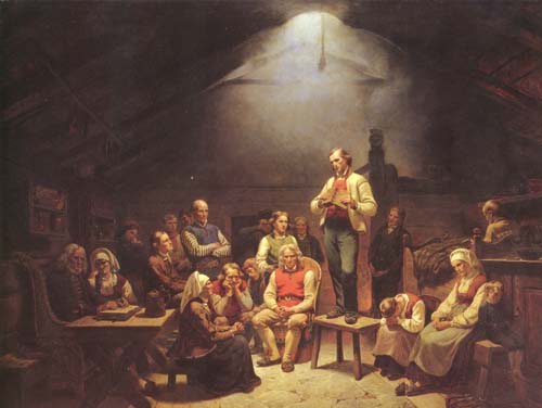 From their beginnings in 17th-century Germany, Pietists convened in small groups or conventicles, as pictured here. The River Brethren who embraced Pietism more than a century later also felt the need gather for Bible study, testimony sharing, and prayer. (Wikimedia Commons)