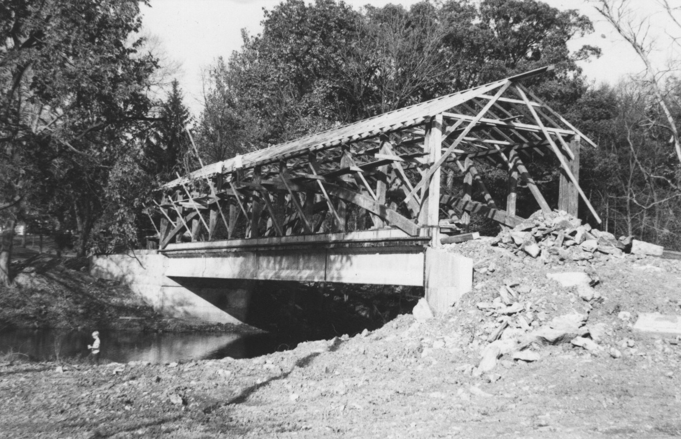 The Messiah College Covered Bridge during its reconstruction in the early 1970s. (Photo: Brethren in Christ Historical Library and Archives)