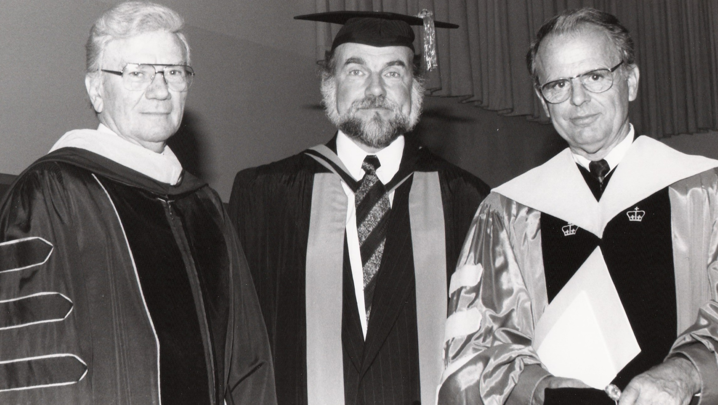 Three Messiah College leaders (L to R) -- Trustee Ernest L. Boyer, President Rodney J. Sawatsky, and President D. Ray Hostetter -- at Sawatsky's inauguration in 1994. (Brethren in Christ Historical Library and Archives)