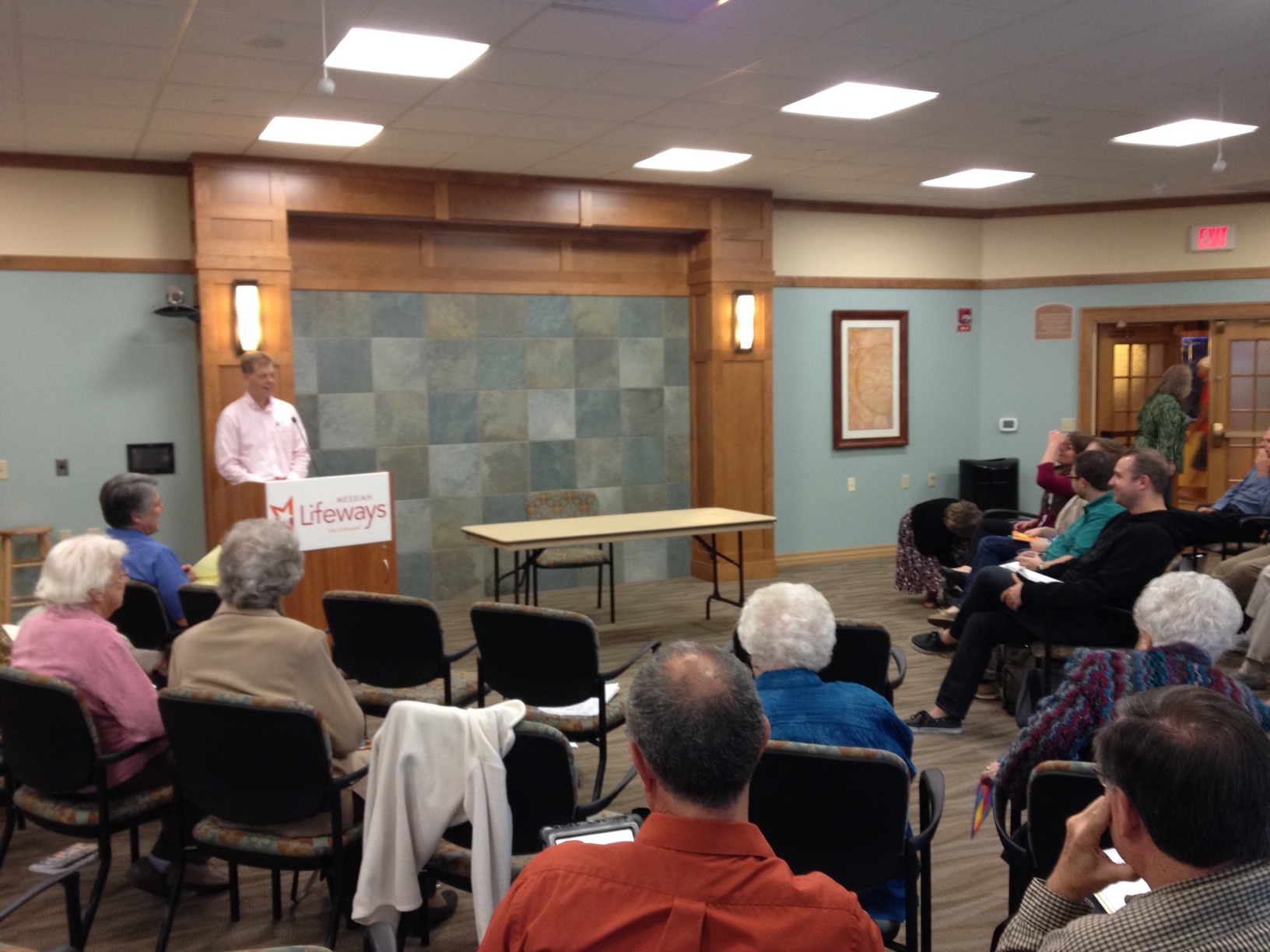 National Director Alan Robinson speaks at yesterday morning's Theological Study Group meeting at Messiah Village (Mechanicsburg, Pa.).