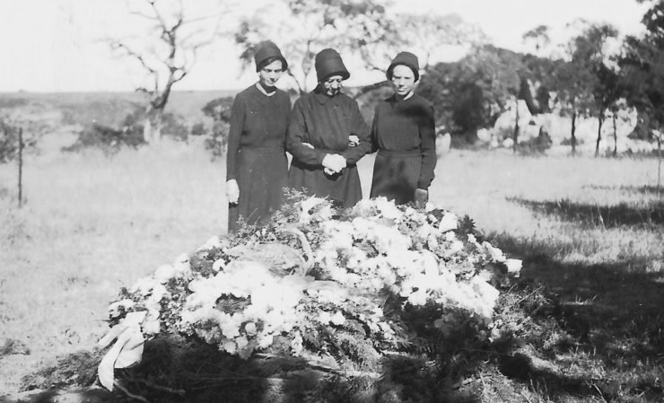 Harvey Frey graveside; Emma Frey with her daughters, Ruth and Mabel