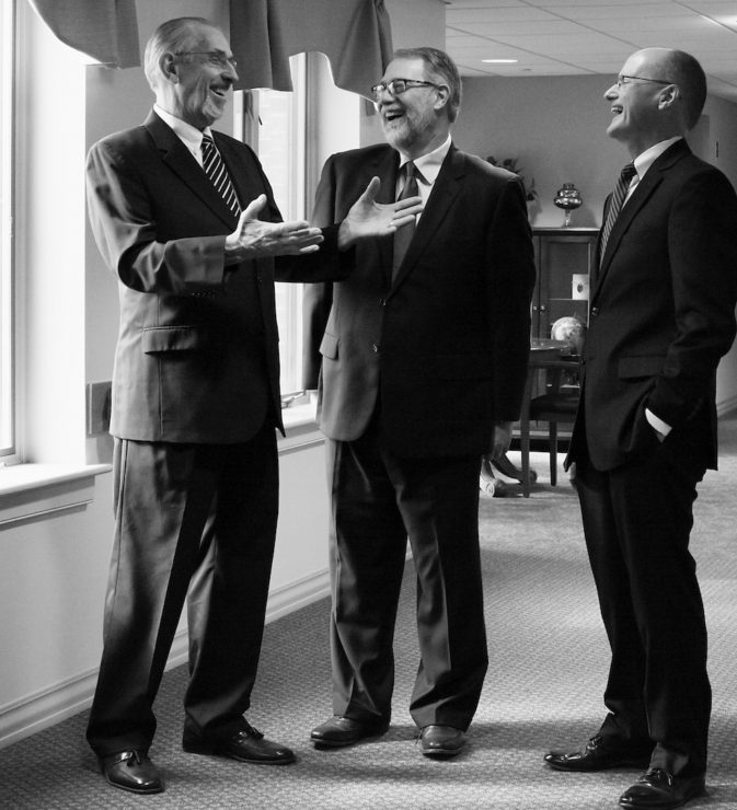 From left to right: George Kibler, Emerson Lesher, and Curt Stutzman share a laugh during a photo shoot for the spring edition of the Messiah Lifeways Magazine